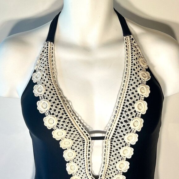 Kona Sol SZ M Crochet Trim Black Halter One Piece Swimsuit Beach Vacation Boho - Picture 8 of 12